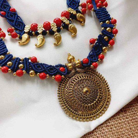 blue and red two layer bead necklace stud earrings set