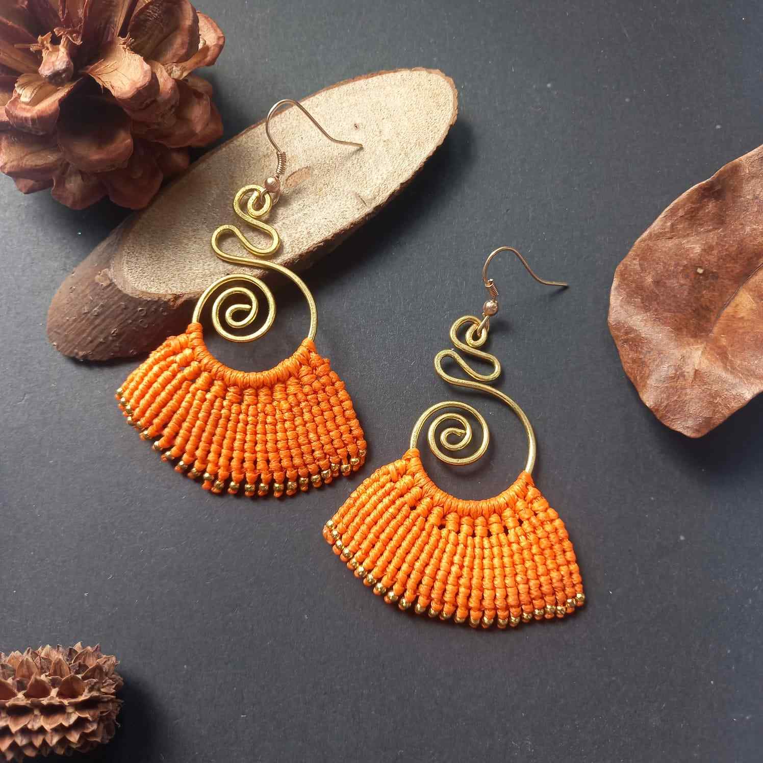 brass earrings macrame earrings orange earrings party wear earrings gold earrings