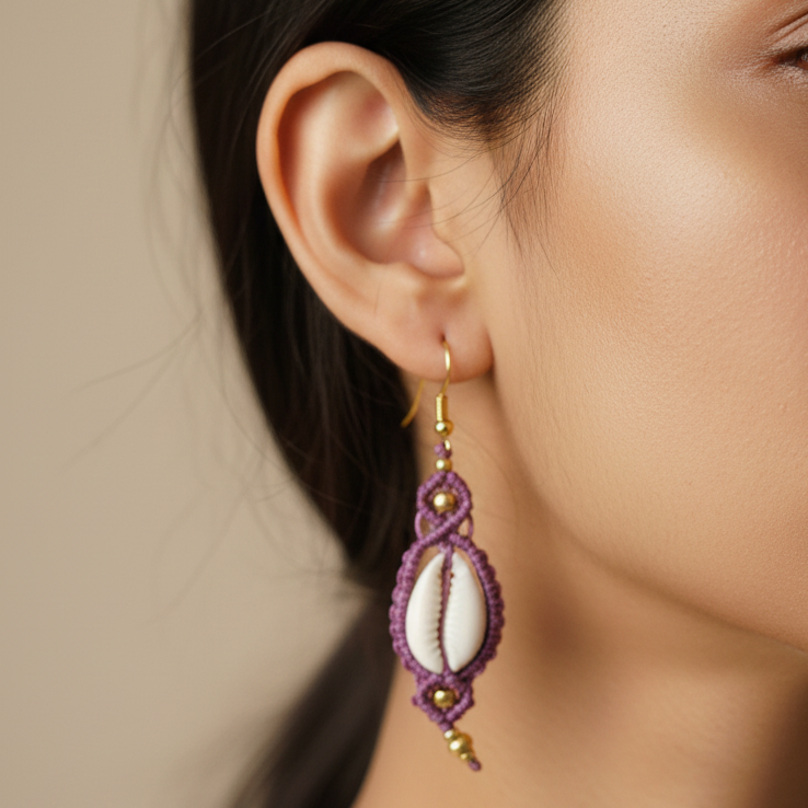 Sarit purple cowrie macrame earrings