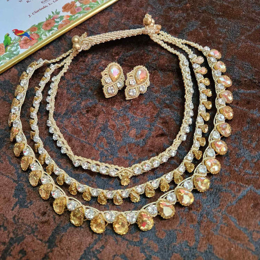 layer necklace stone jewellery party wedding necklace formal wear macrame detachable 3 in 1 necklace yellow gold white stone