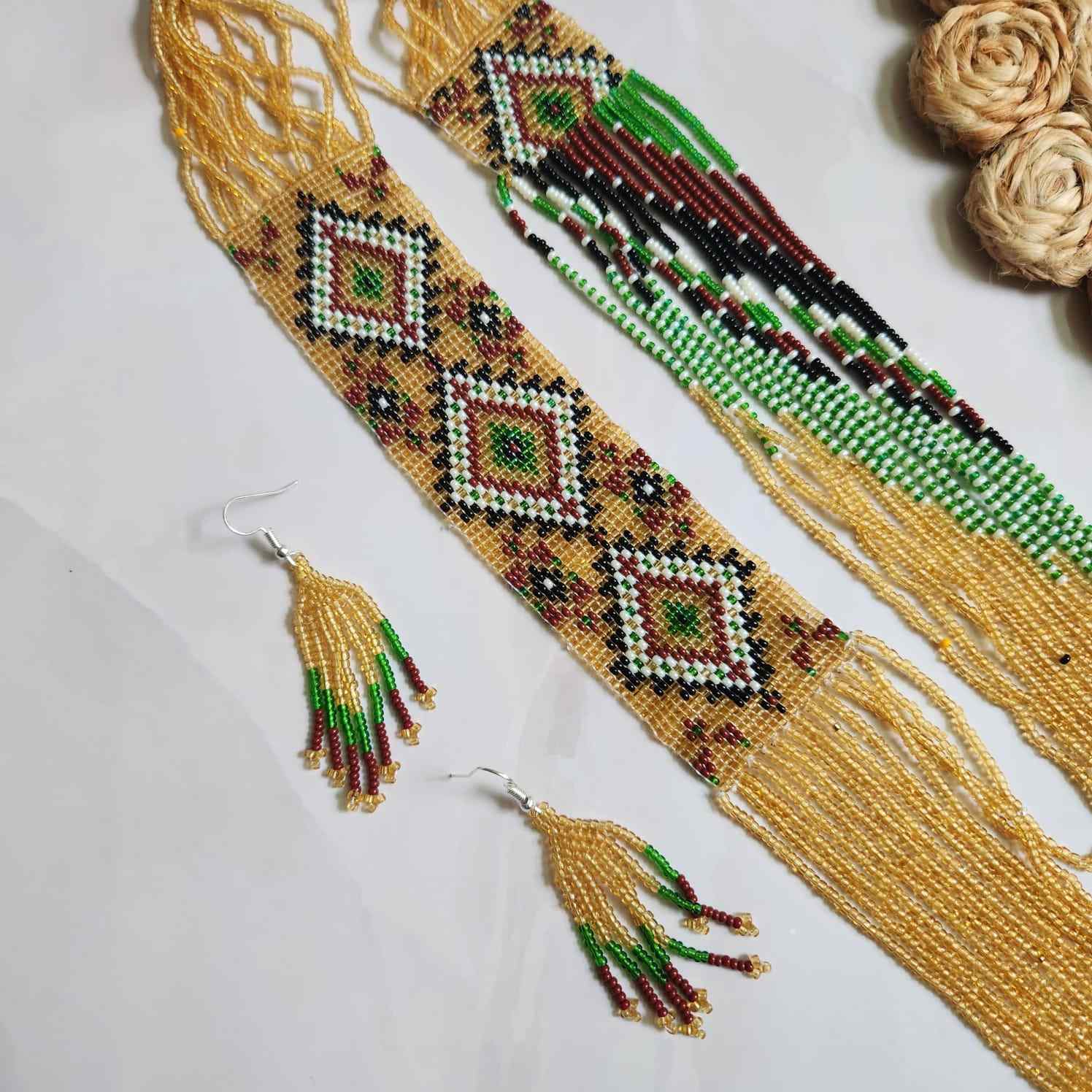 bead loom necklace long necklace layer necklace geometric design party necklace for saree formal wear statement necklace set