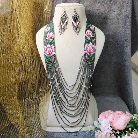 statement bead necklace partywear necklace floral necklace for sangeet wedding jewellery grey pink set bead earrings