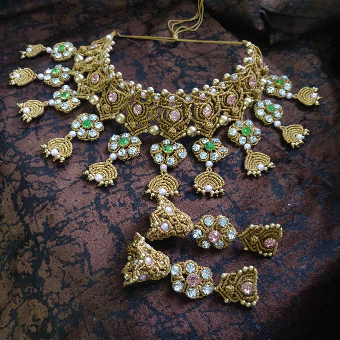 stone necklace pink stone macrame necklace green stone jhumka earrings jhumki flower necklace floral earrings bridal necklace