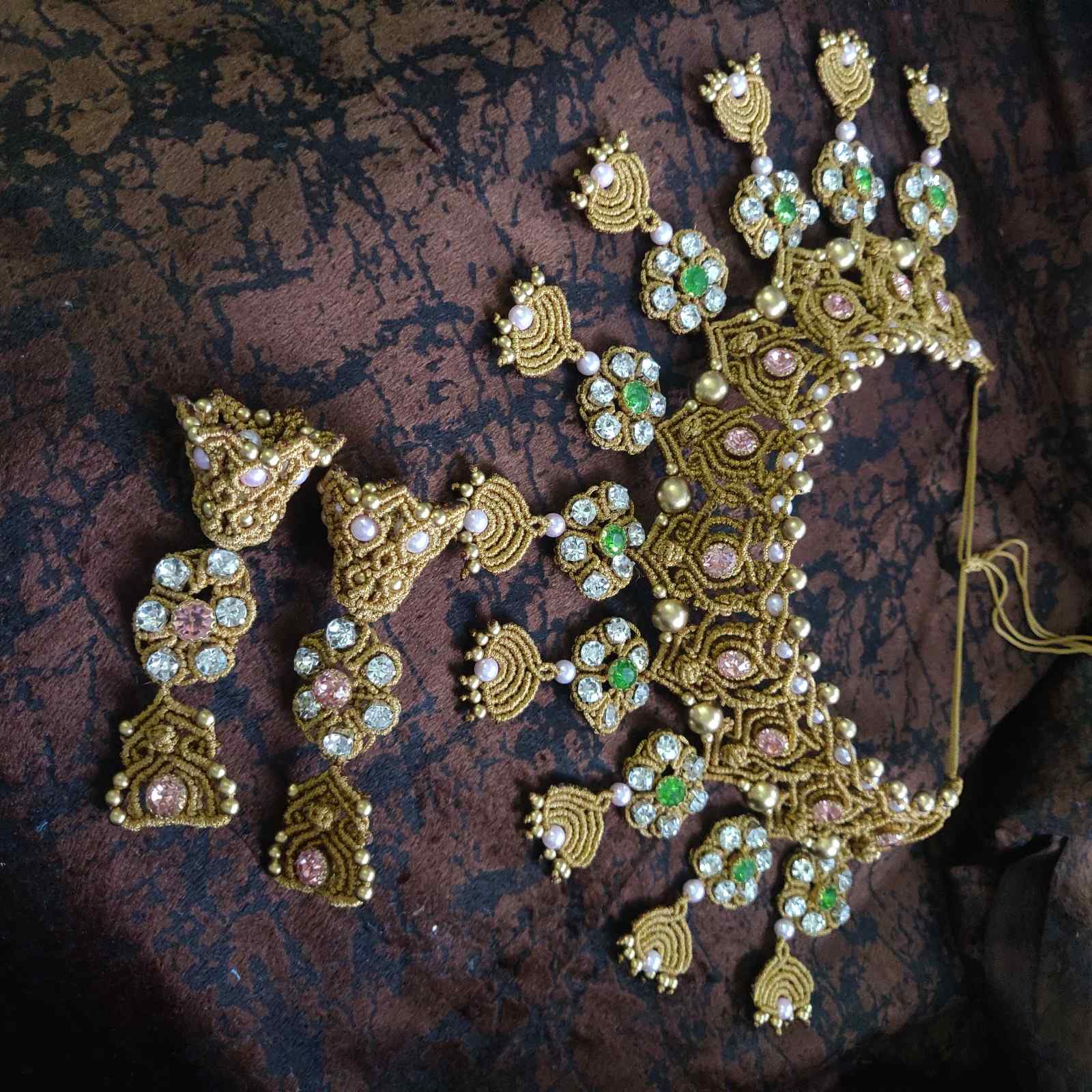 stone necklace pink stone macrame necklace green stone jhumka earrings jhumki flower necklace floral earrings bridal necklace