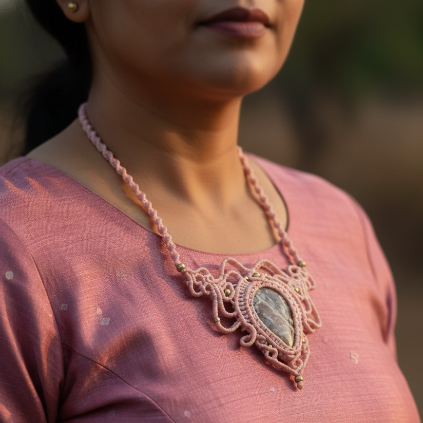 Sarasija pink stone macrame statement necklace