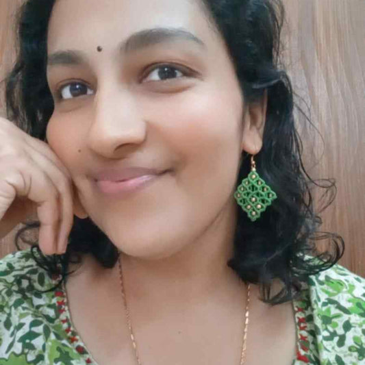 light green diamond shaped bead macrame dangler earrings