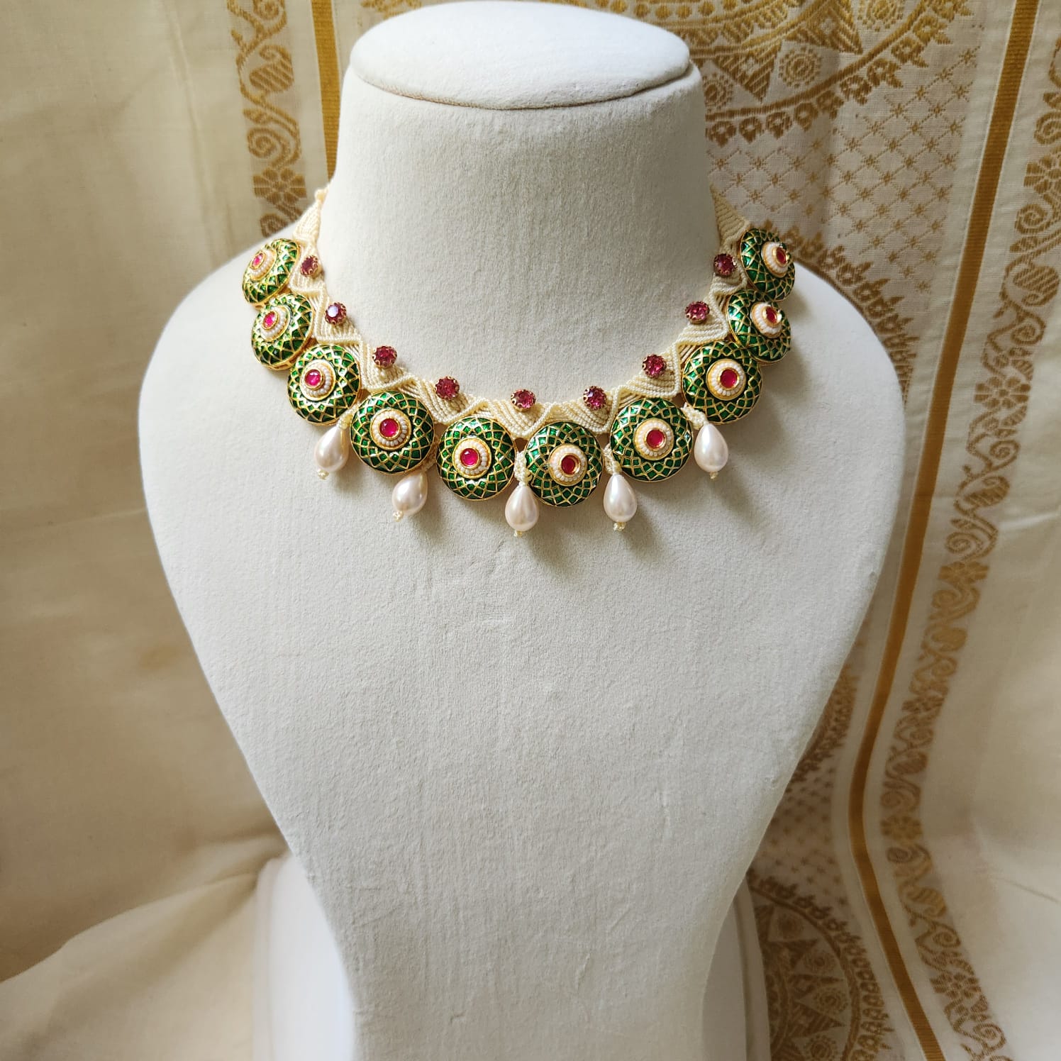 green meenakari necklace ruby necklace pearl necklace festive necklace party wear necklace stud earrings