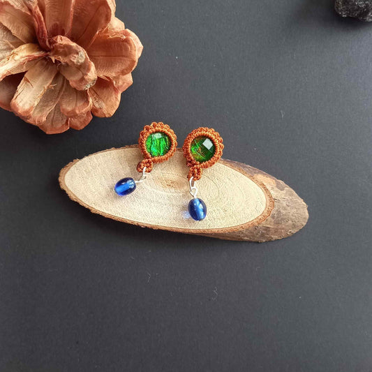 Macrame stud drop earrings with green rhinestones