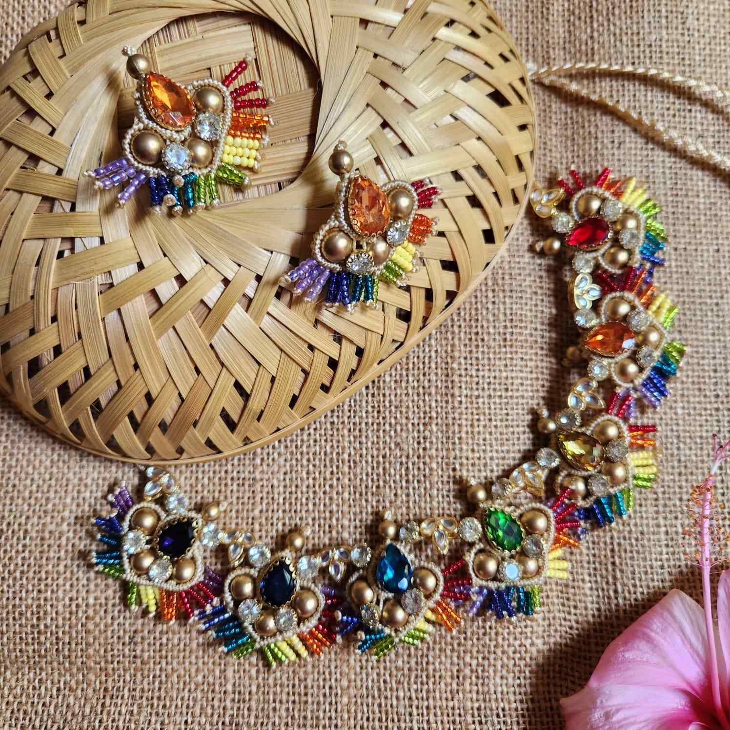 stone necklace rainbow macrame necklace set gold necklace bead necklace ethnic necklace party wear sangeet haldi wedding