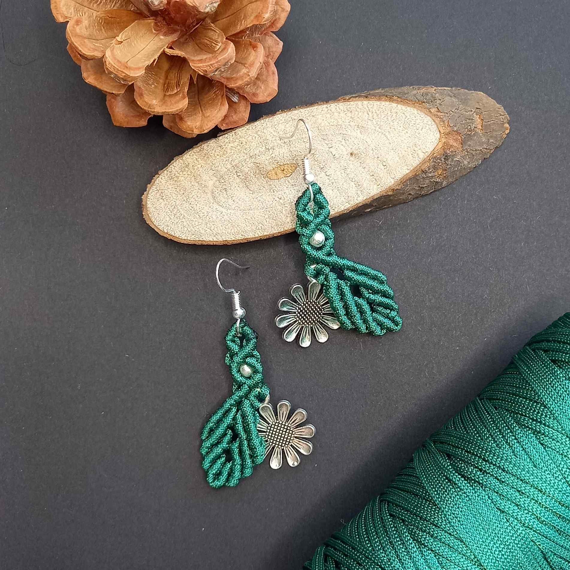dangler earrings flower earrings leaf earrings macrame earrings green earrings silver earrings oxidised silver