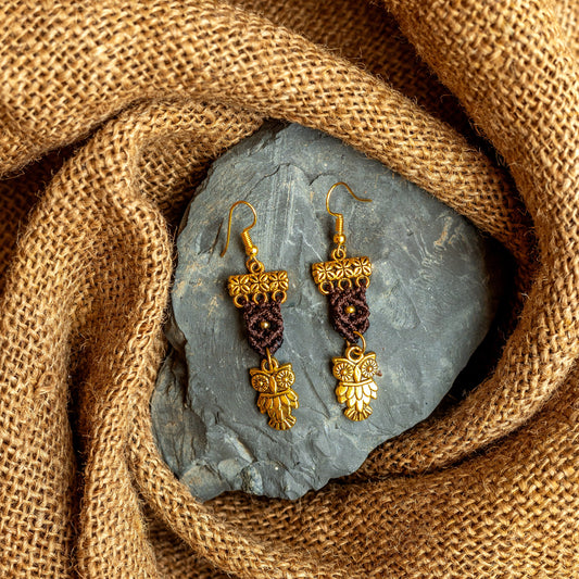 macrame bead earrings with owl charm
