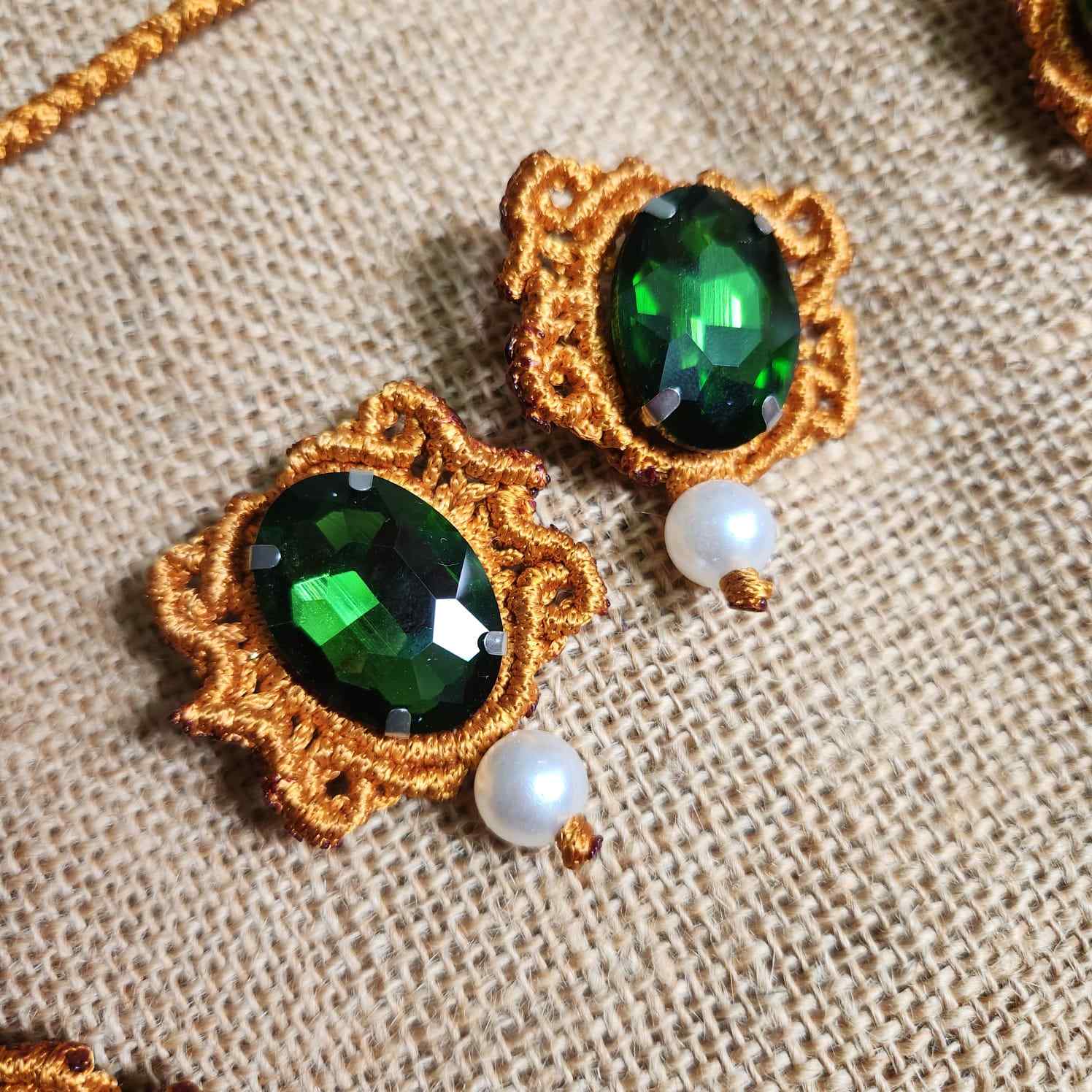 green stone gold macrame necklace victorian necklace party wear wedding jewellery statement engagement