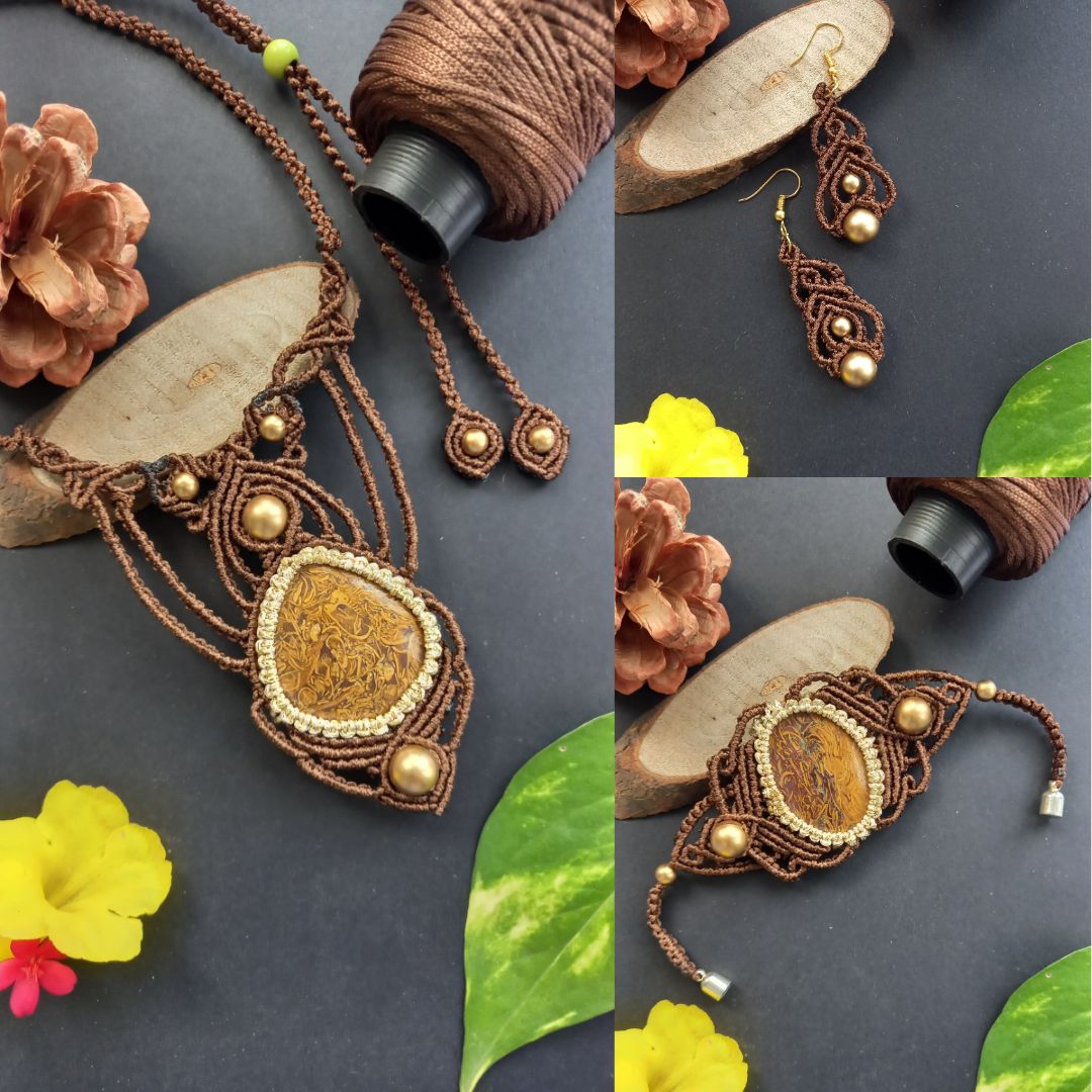 macrame necklace earrings bracelet set stone necklace set stone bracelet dangler earrings brown necklace set neutral colour