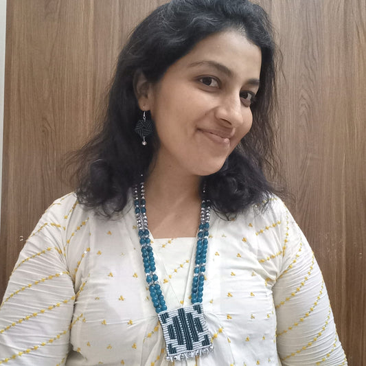 long bead necklace silver necklace set geometric pattern pendant necklace set teal jewellery square necklace