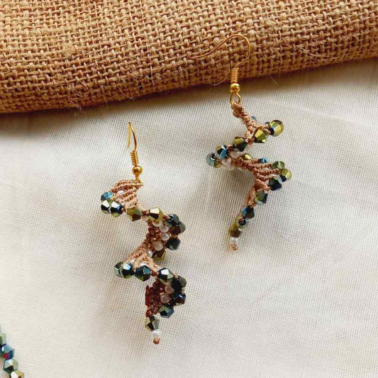 macrame bead earrings in spiral shape with green beads office wear earrings