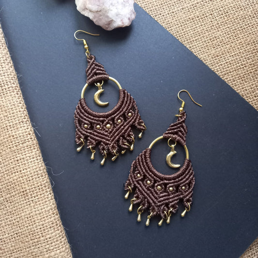 brass bead earrings moon charm earrings macrame party wear earrings statement earrings gold earrings
