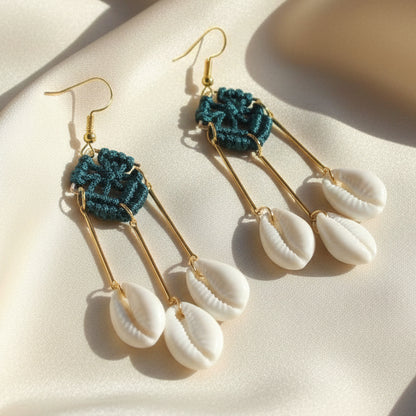 macrame cowrie shell square earrings with three cowries