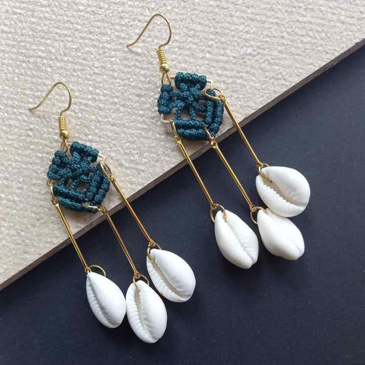 macrame cowrie shell square earrings with three cowries