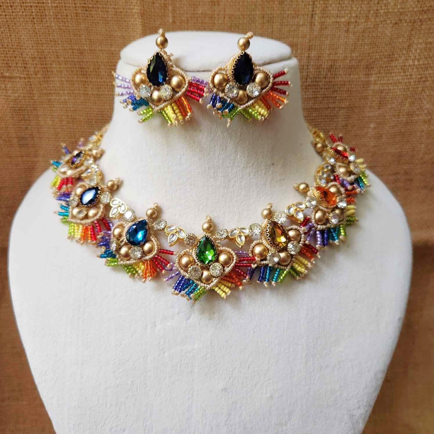 stone necklace rainbow macrame necklace set gold necklace bead necklace ethnic necklace party wear sangeet haldi wedding