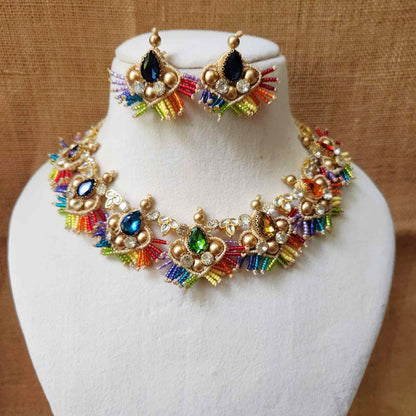 stone necklace rainbow macrame necklace set gold necklace bead necklace ethnic necklace party wear sangeet haldi wedding