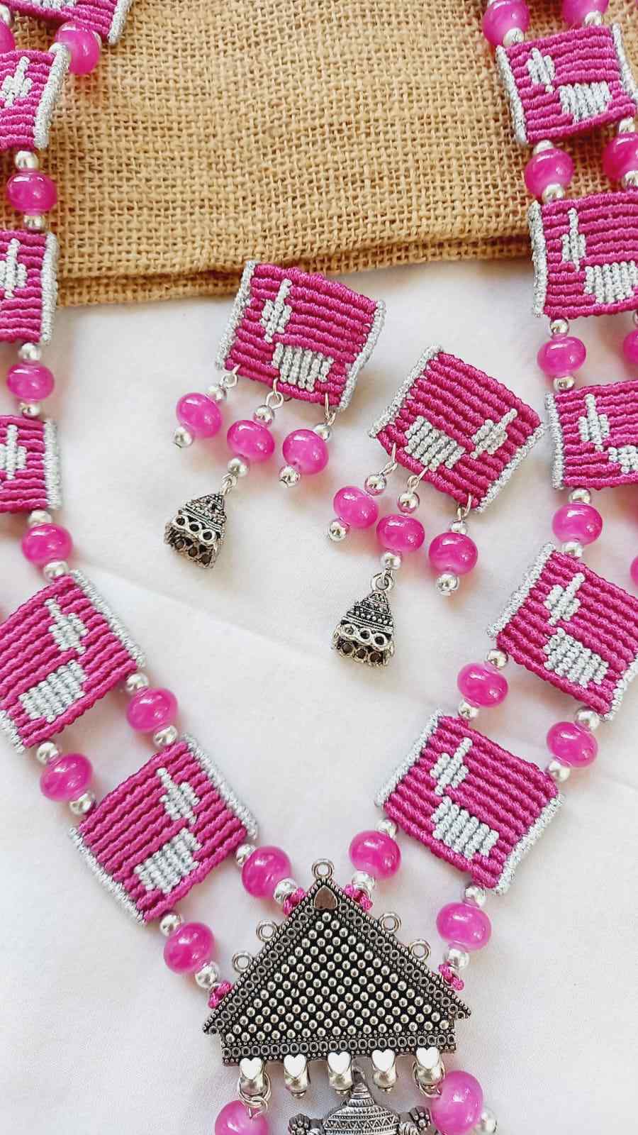 bead jewellery thread jewellery handmade necklace stud earrings silver jewellery