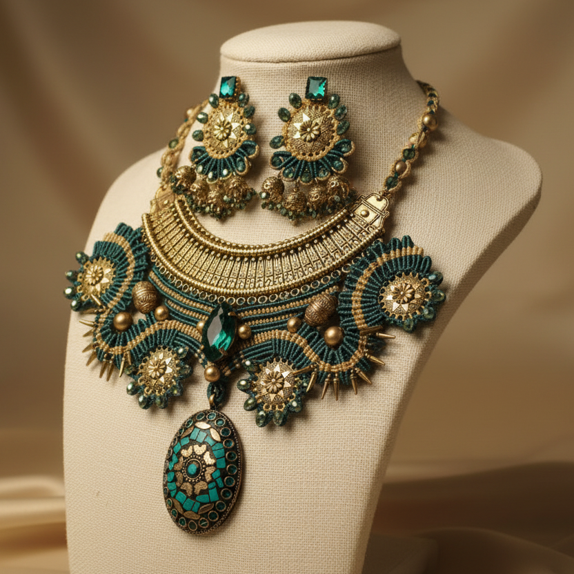 Kanthalata Rama green stone macrame necklace set