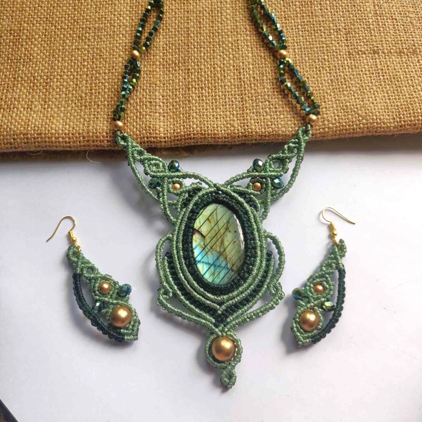 bead necklace set stone necklace set macrame earrings necklace labrodorite green necklace earrings oval stone office wear set