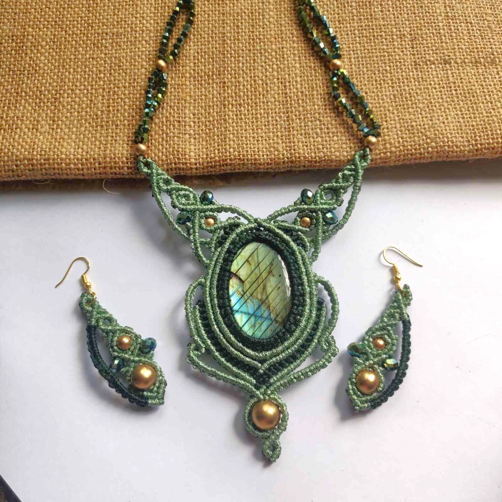 bead necklace set stone necklace set macrame earrings necklace labrodorite green necklace earrings oval stone office wear set