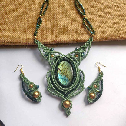 bead necklace set stone necklace set macrame earrings necklace labrodorite green necklace earrings oval stone office wear set