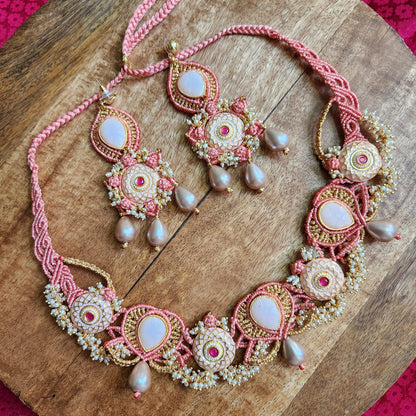 artisanal necklace macrame jewellery coral gold pearl necklace meenakari stone evening partywear wedding reception pastel