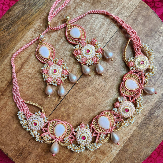 artisanal necklace macrame jewellery coral gold pearl necklace meenakari stone evening partywear wedding reception pastel