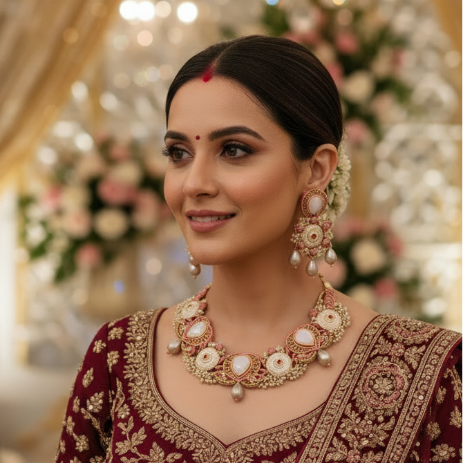 artisanal necklace macrame jewellery coral gold pearl necklace meenakari stone evening partywear wedding reception pastel