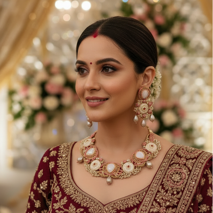 artisanal necklace macrame jewellery coral gold pearl necklace meenakari stone evening partywear wedding reception pastel