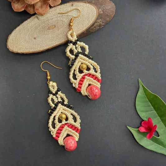 macrame dangler earrings in two colours with ceramic beads
