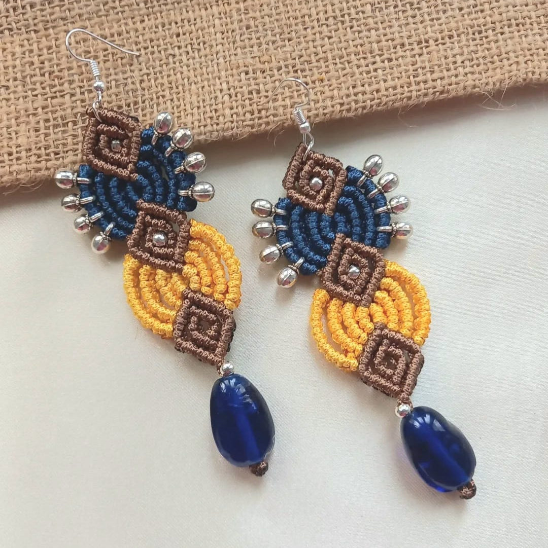 macrame long tribal style earrings with silver beads and gunghroos and glass beads