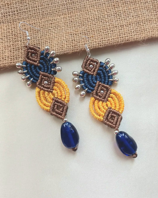 macrame long tribal style earrings with silver beads and gunghroos and glass beads