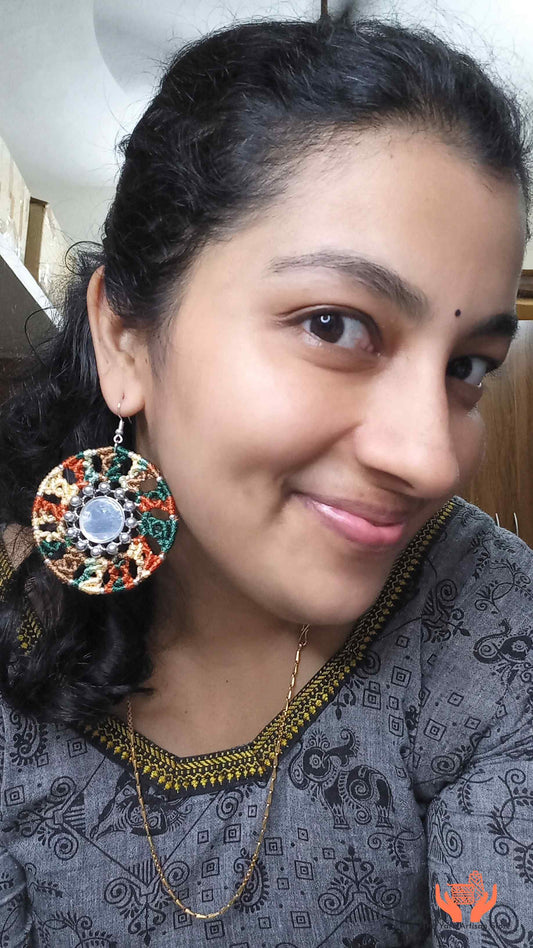 handmade macrame mandala earrings with silver mirror center