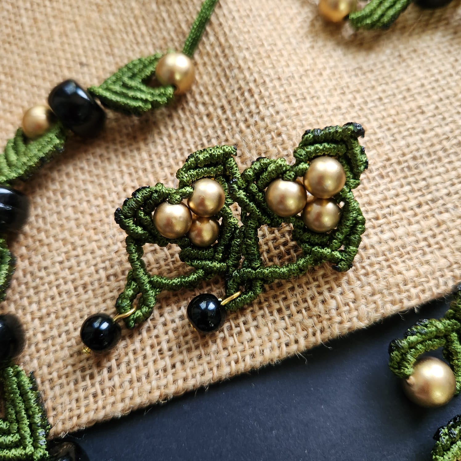 macrame necklace green necklace gold bead necklace black bead necklace stud earrings dangler bead bracelet necklace set