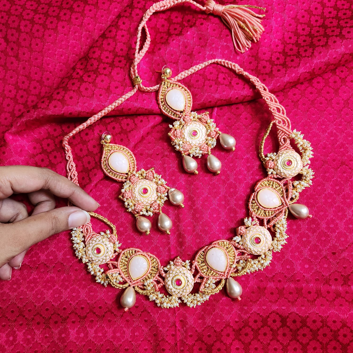 artisanal necklace macrame jewellery coral gold pearl necklace meenakari stone evening partywear wedding reception pastel