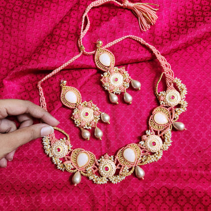 artisanal necklace macrame jewellery coral gold pearl necklace meenakari stone evening partywear wedding reception pastel