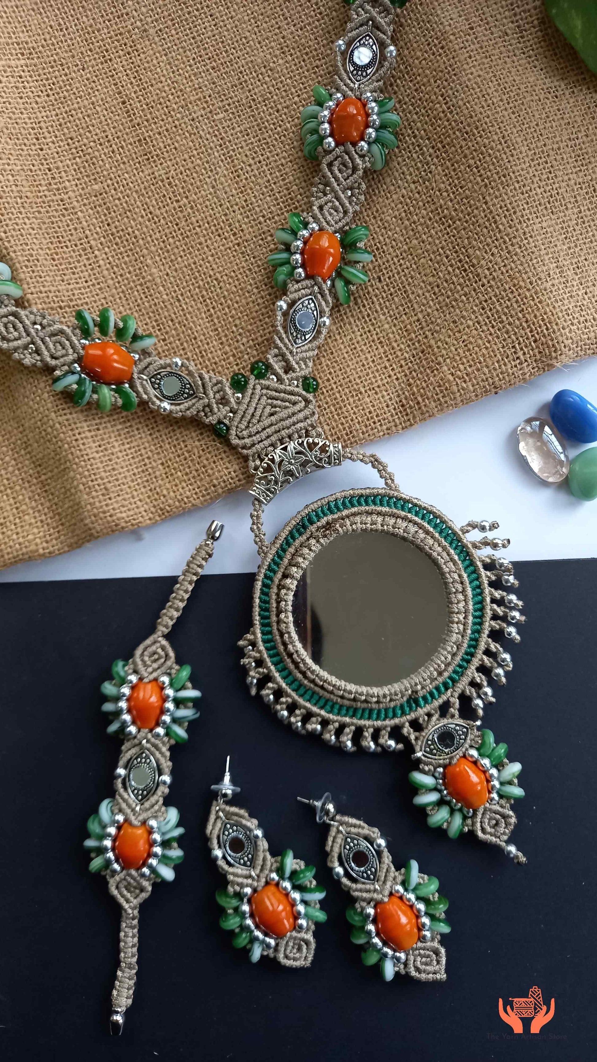 bead necklace earrings bracelet with mirror and macrame work