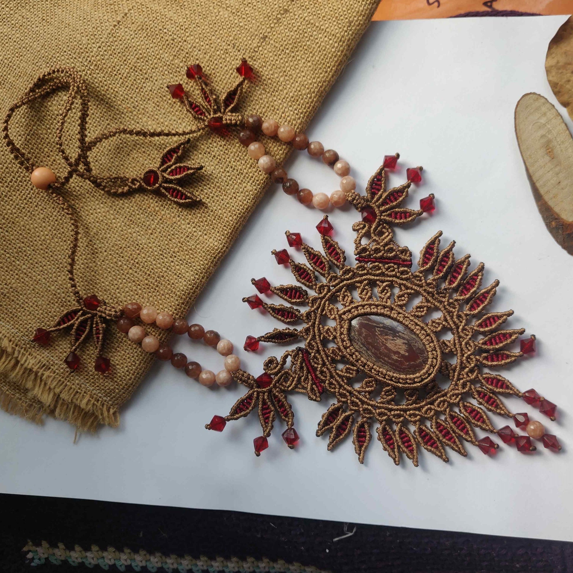 Brown and Maroon Macrame Statement Necklace with Jasper Centerpiece