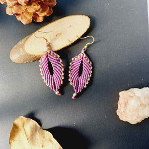 purple leaf earrings bead macrame earrings brass bead leaf earrings casual earrings