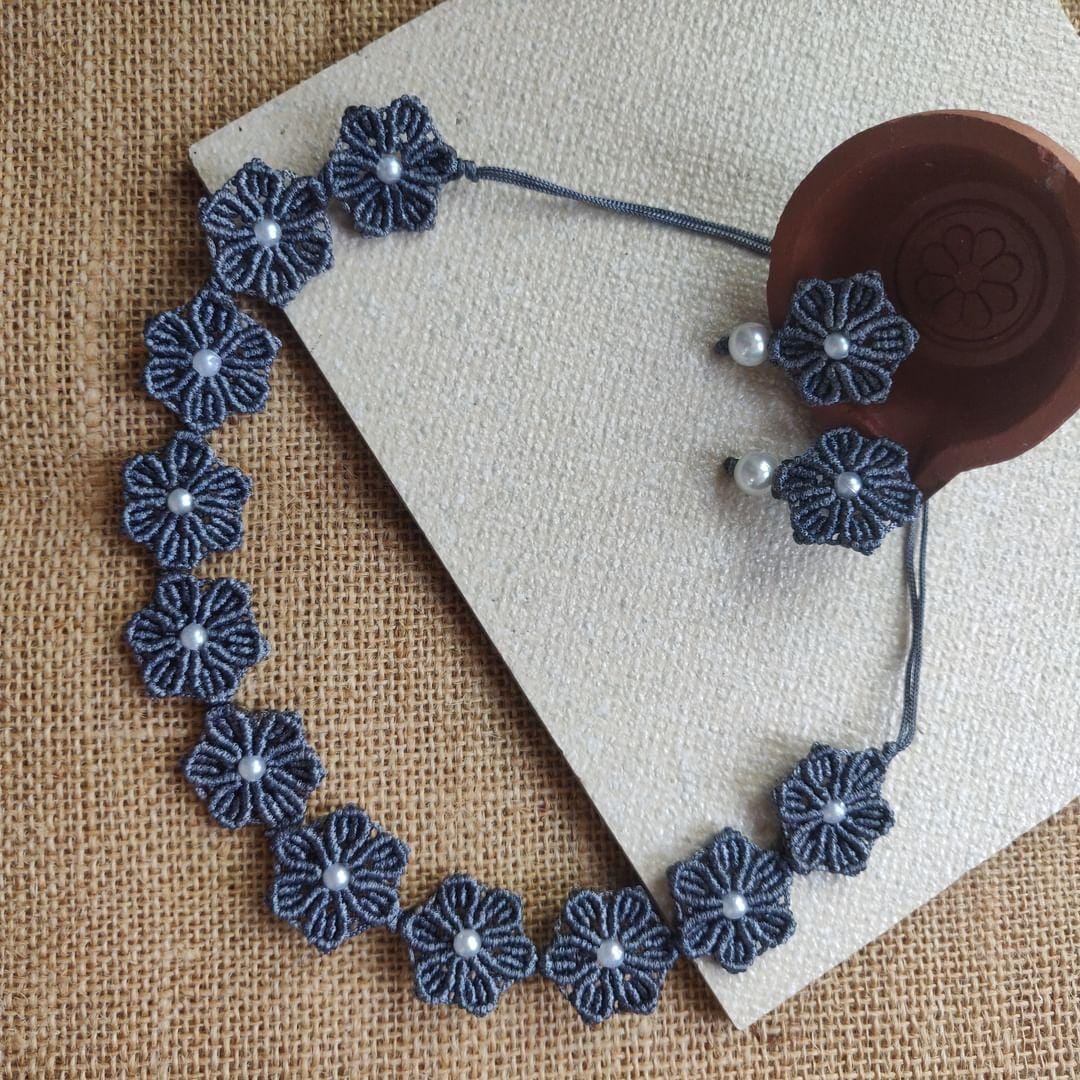 floral necklace daisy earrings flower necklace stud earrings grey necklace set grey earrings pearl earrings pearl necklace