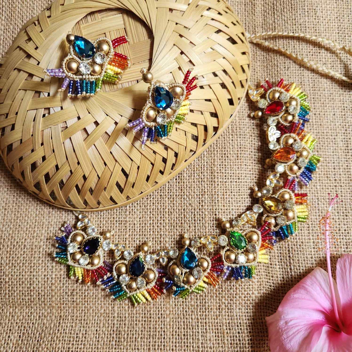 stone necklace rainbow macrame necklace set gold necklace bead necklace ethnic necklace party wear sangeet haldi wedding