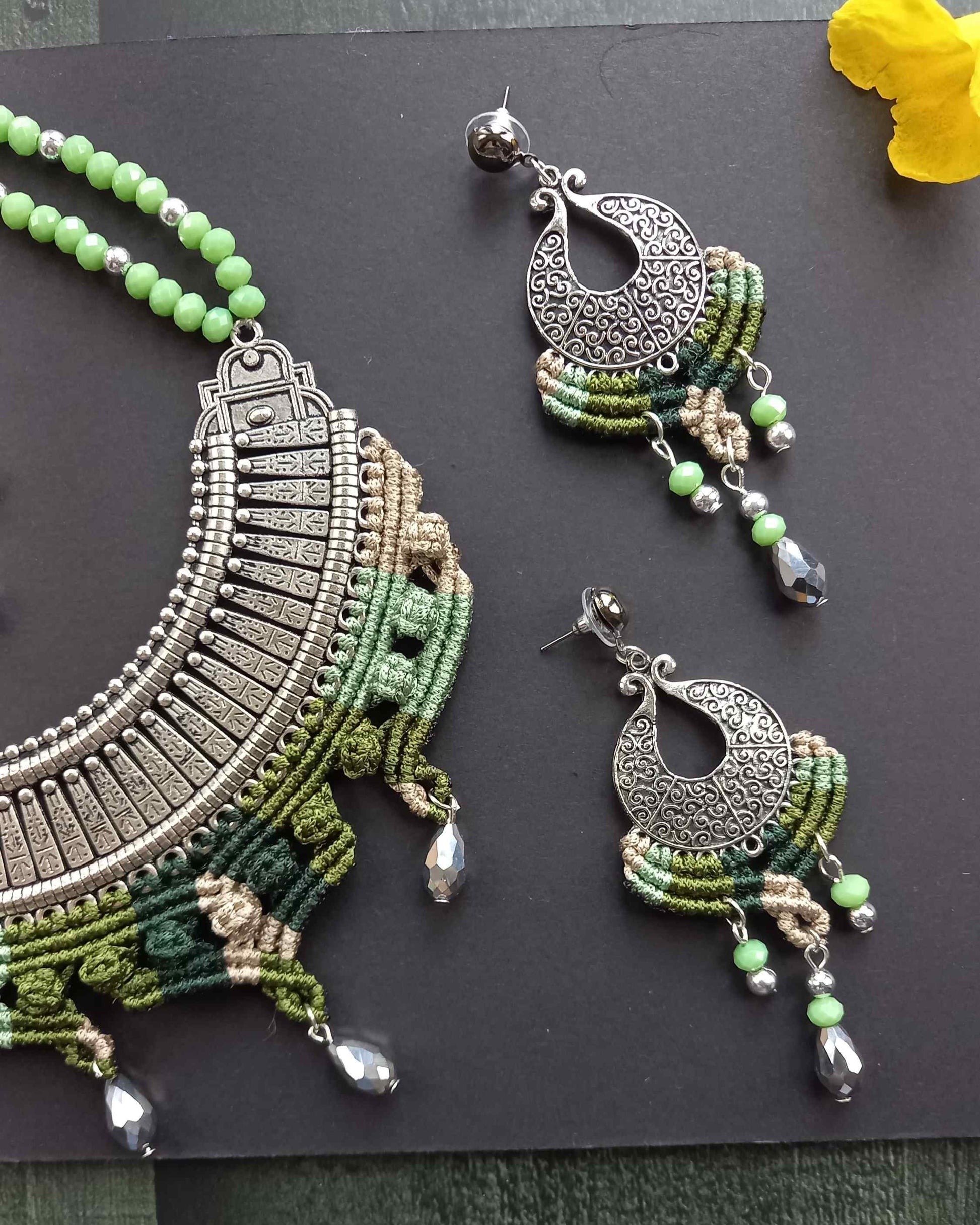 Macrame metal fusion necklace and chandbali dangler stud earrings set