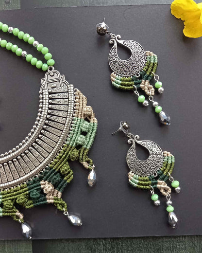 Macrame metal fusion necklace and chandbali dangler stud earrings set