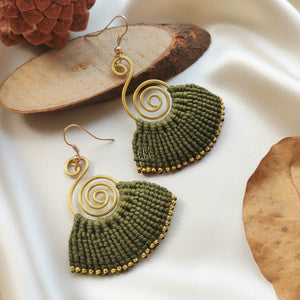 brass earrings macrame earrings olive green earrings party wear earrings gold earrings