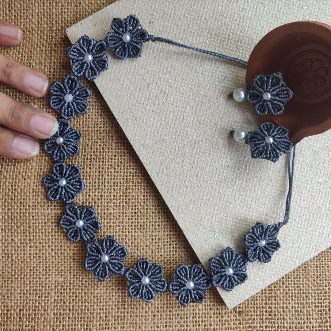 floral necklace daisy earrings flower necklace stud earrings grey necklace set grey earrings pearl earrings pearl necklace