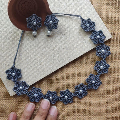 floral necklace daisy earrings flower necklace stud earrings grey necklace set grey earrings pearl earrings pearl necklace